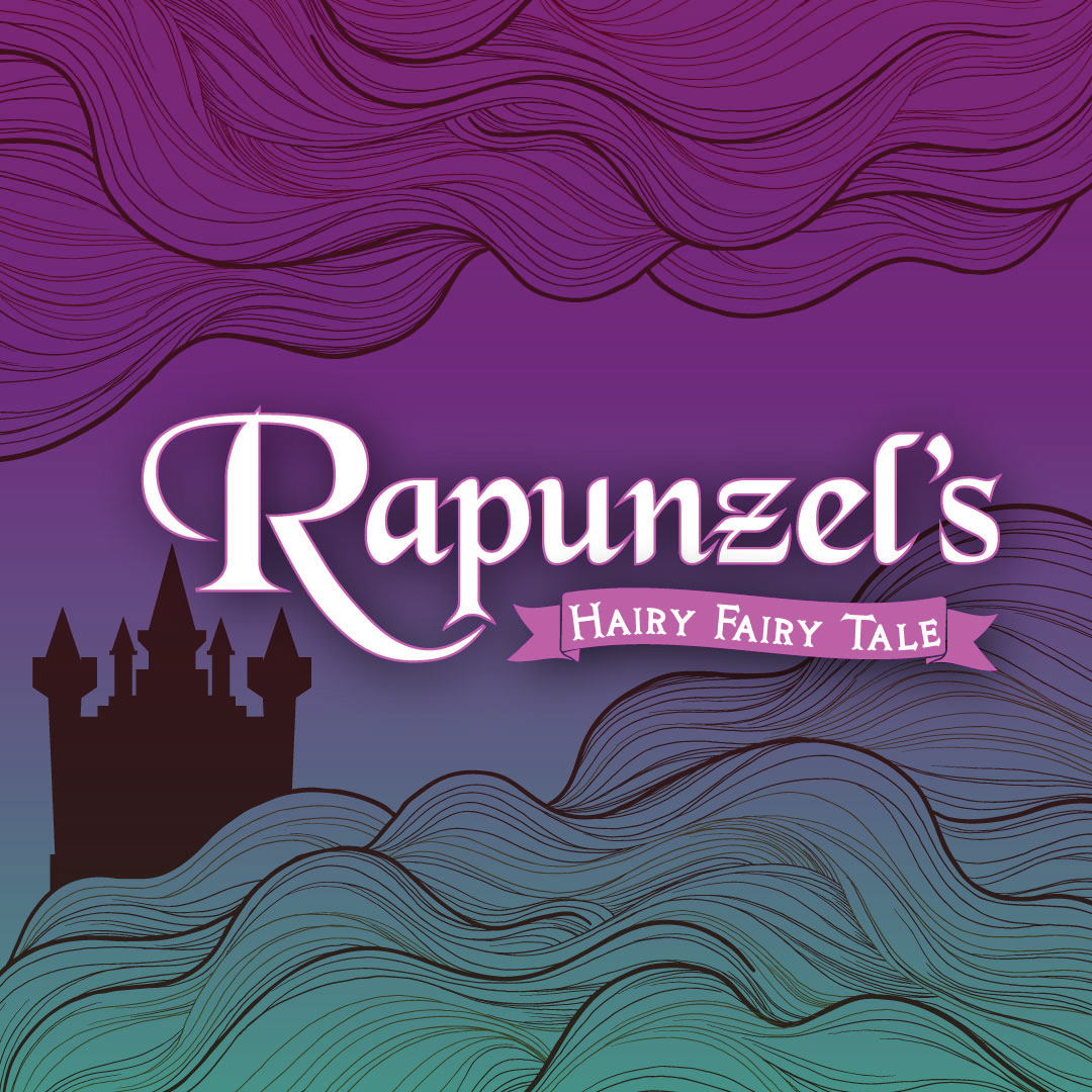 purple and green wavy background with text Rapunzel's Hairy Fairy Tale
