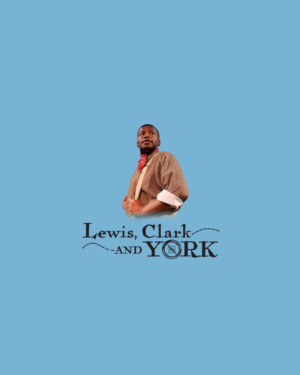 blue background with Lewis Clark and York text and man in brown shirt