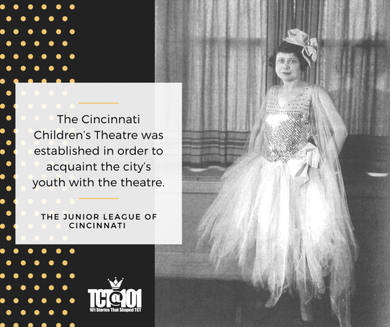 Black and white photo of woman in fancy dress with quote