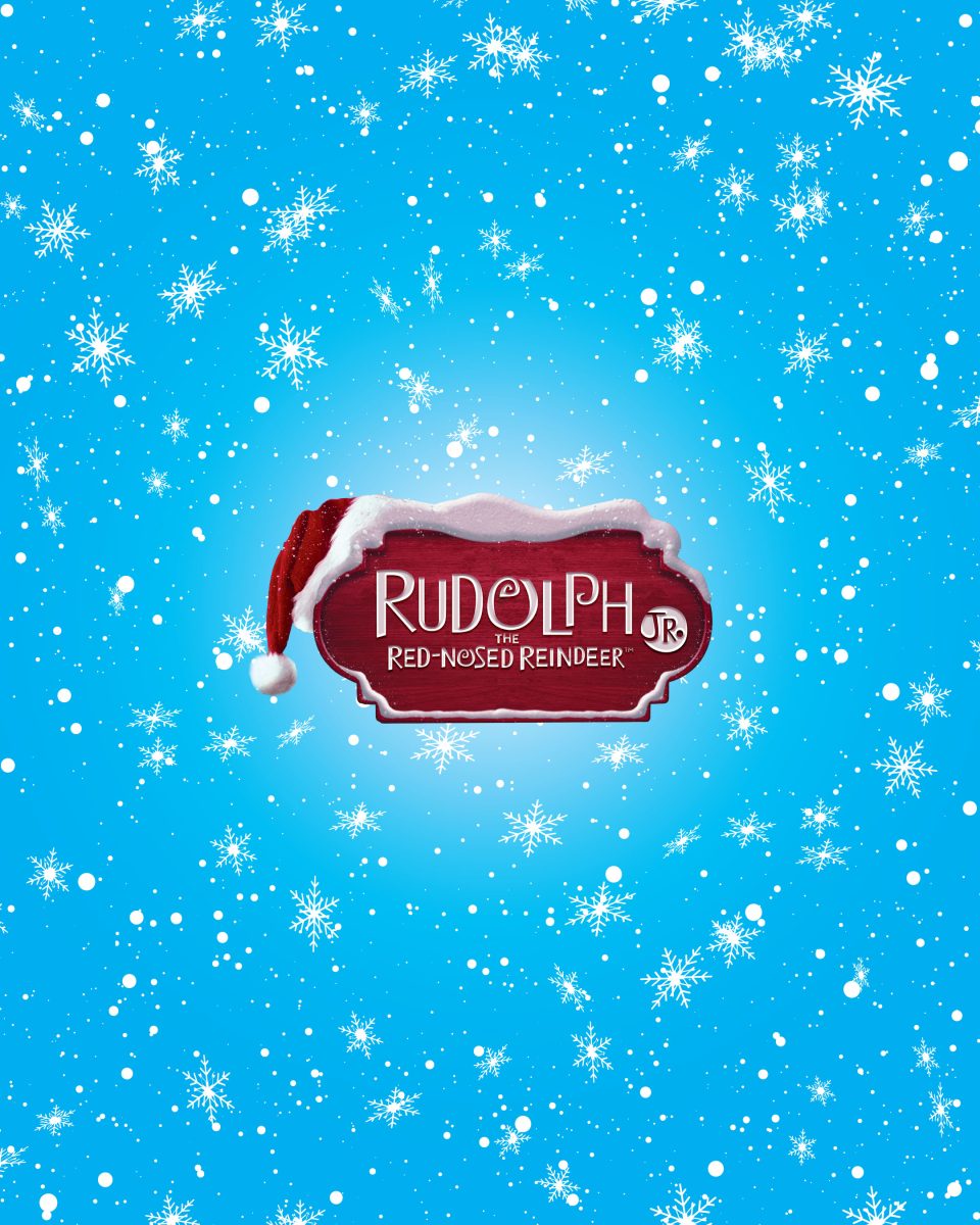 blue snowy background with Rudolph logo in center