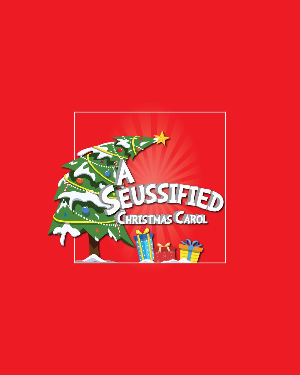 red background with seuss christmas tree