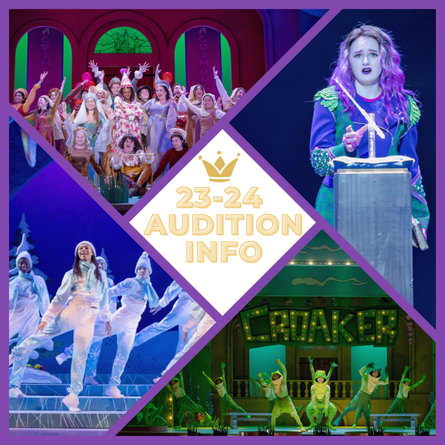 Collage of 22-23 season production photos with center text “23-24 Audition Info” and TCT Crown emblem