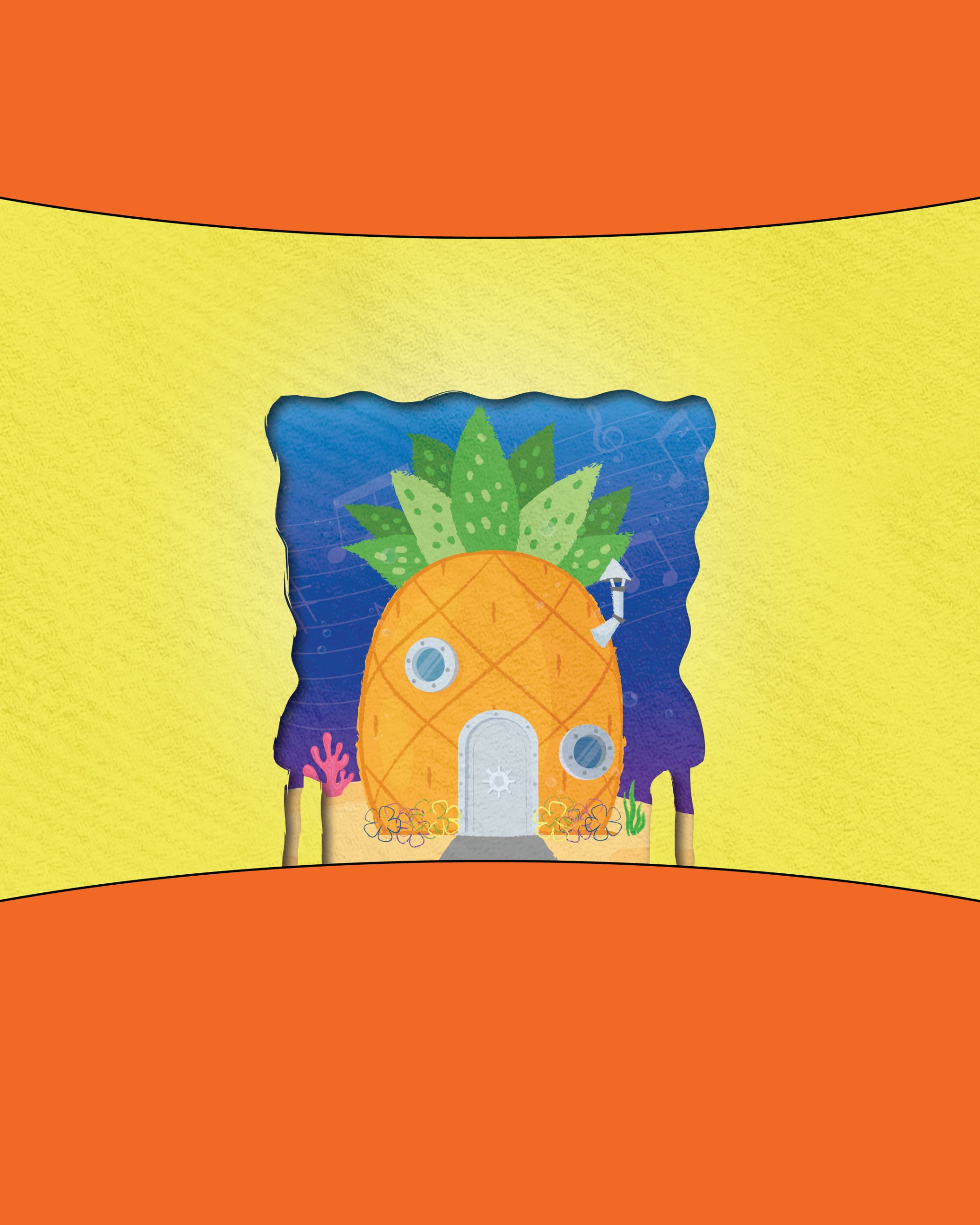 orange and yellow background with sponge outline and pineapple graphic