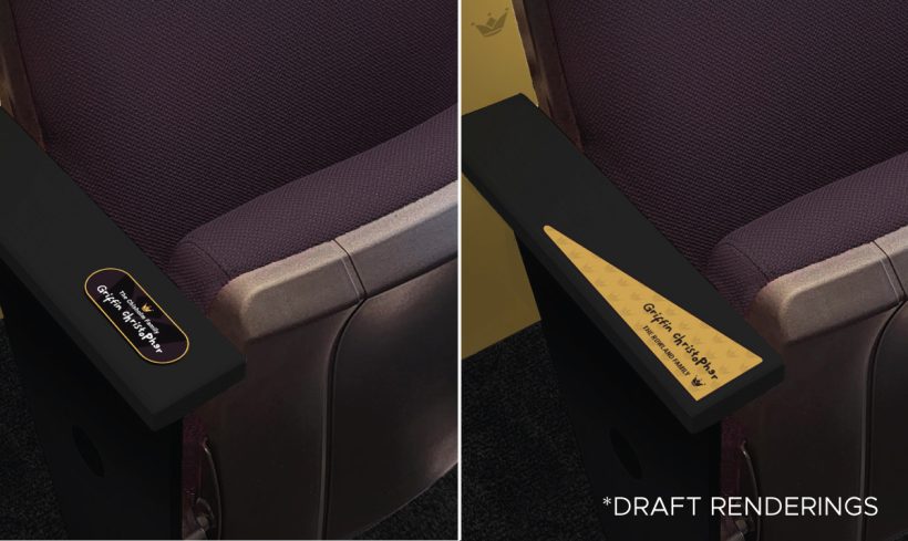 Two different seats with draft rendering designs for chair armrest plaques