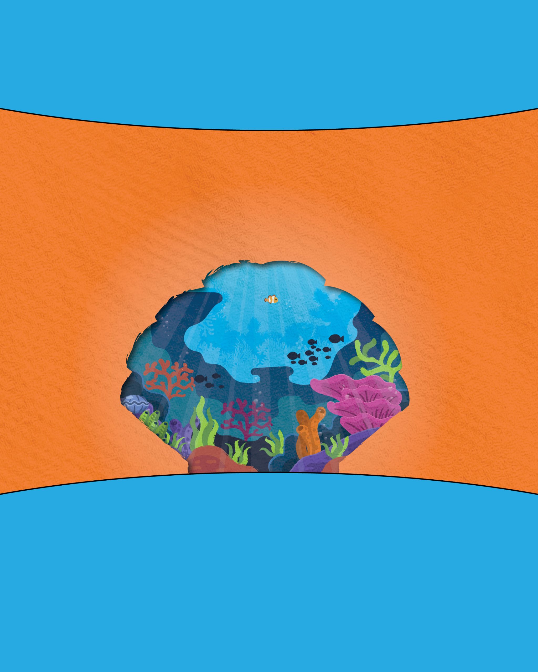 Orange and blue background with shell cutout and Nemo graphic