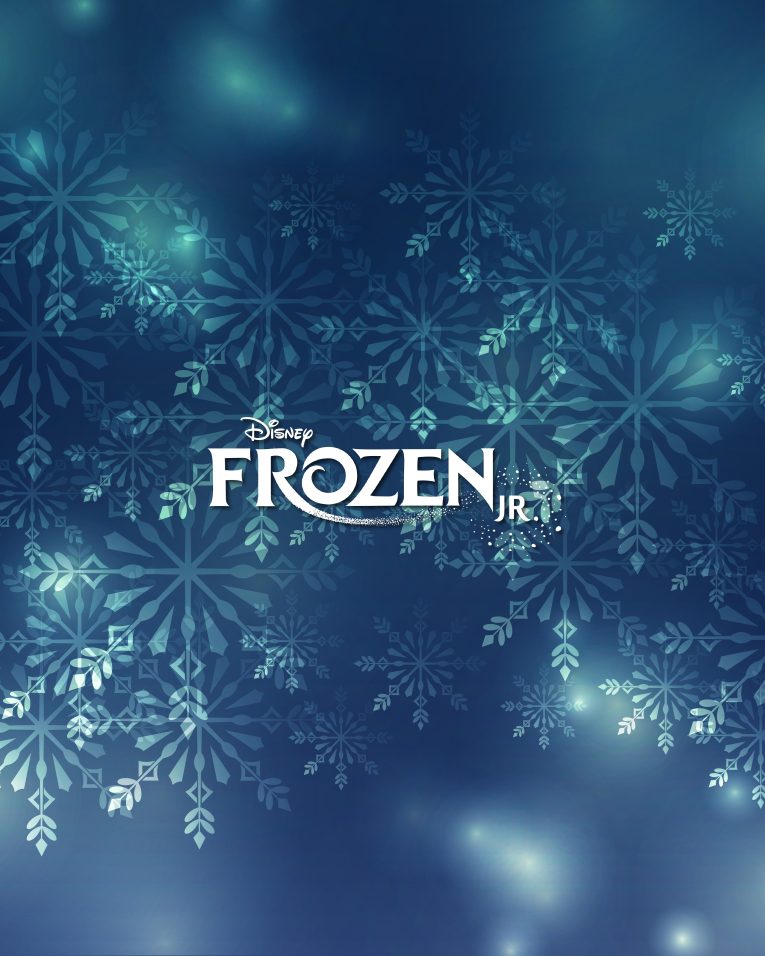 dark blue snowflake background with Disney's Frozen Jr. logo